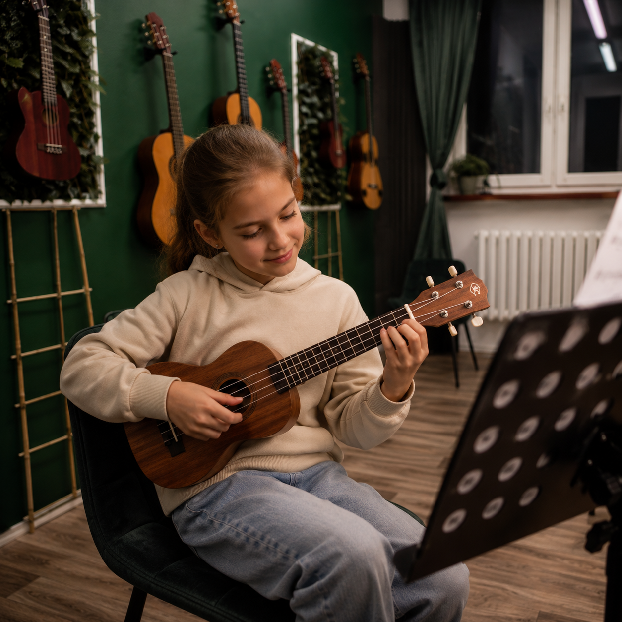 Dziewczynka podczas nauki gry na ukulele