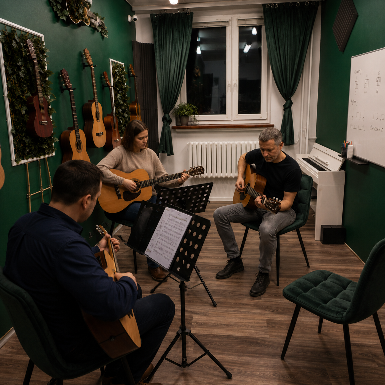 Dorośli podczas zajęć gry na gitarze